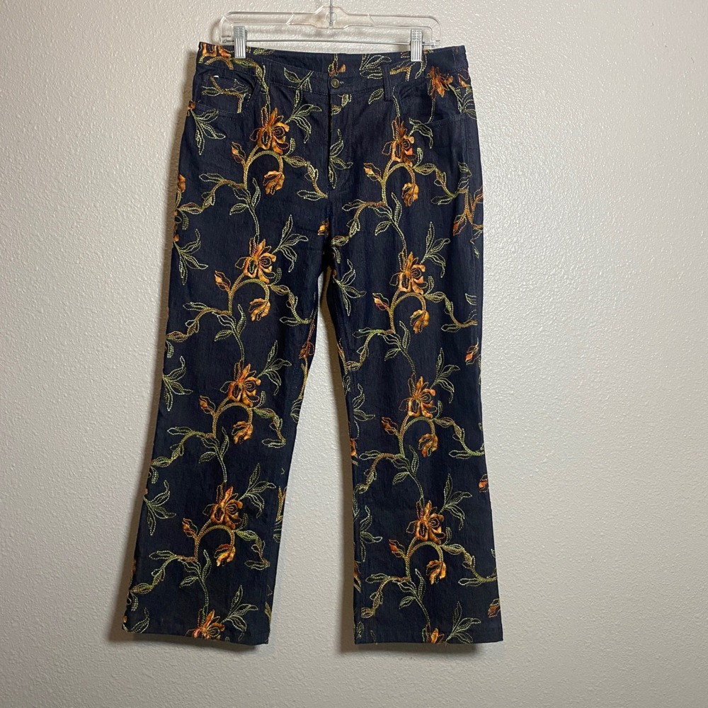 Dark Wash Embroidered Jeans 12P Wide Leg Bohemian Floral Feminine Denim Festival